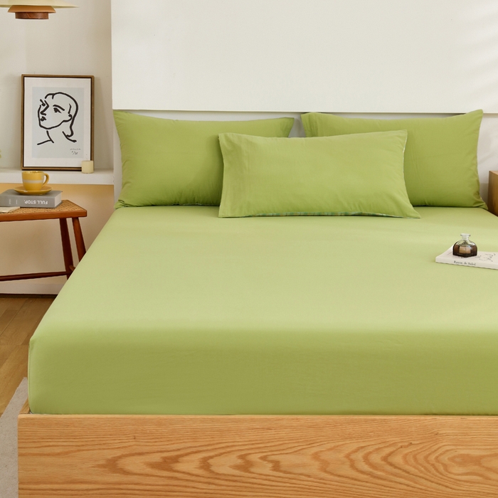 91家纺网 家纺一手货源 找家纺 春皖家纺 2026新款色织AB版水洗棉三件套四件套单品系列（单床笠-B版风格一） 素雅果绿