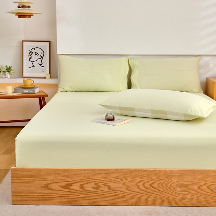 91家纺网 家纺一手货源 找家纺 春皖家纺 2026新款色织AB版水洗棉三件套四件套单品系列（单床笠-B版风格一） 素雅淡黄