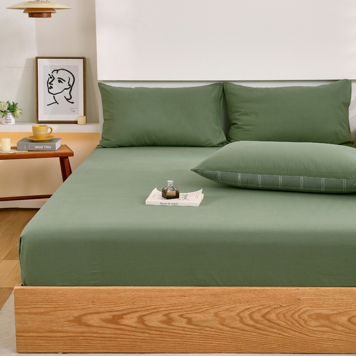 91家纺网 家纺一手货源 找家纺 春皖家纺 2026新款色织AB版水洗棉三件套四件套单品系列（单床笠-B版风格一） 素雅军绿