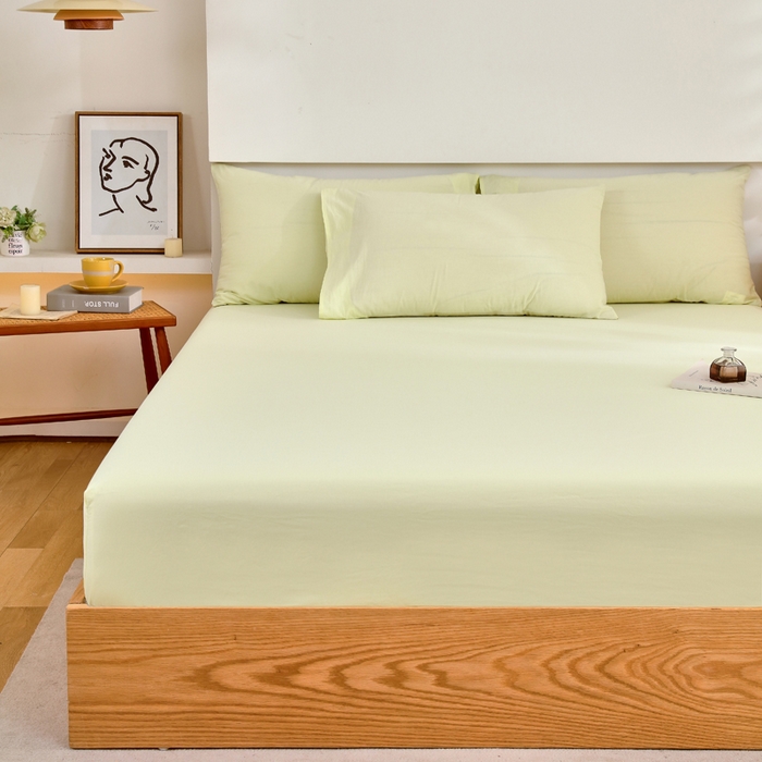 91家纺网 家纺一手货源 找家纺 春皖家纺 2026新款色织AB版水洗棉三件套四件套单品系列（单床笠-B版风格一） 素雅淡黄