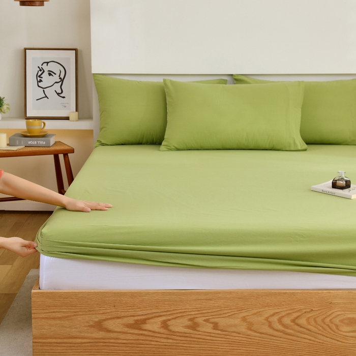 91家纺网 家纺一手货源 找家纺 春皖家纺 2026新款色织AB版水洗棉三件套四件套单品系列（单床笠-B版风格一） 素雅果绿