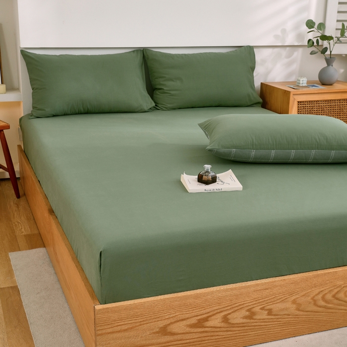 91家纺网 家纺一手货源 找家纺 春皖家纺 2026新款色织AB版水洗棉三件套四件套单品系列（单床笠-B版风格一） 素雅军绿