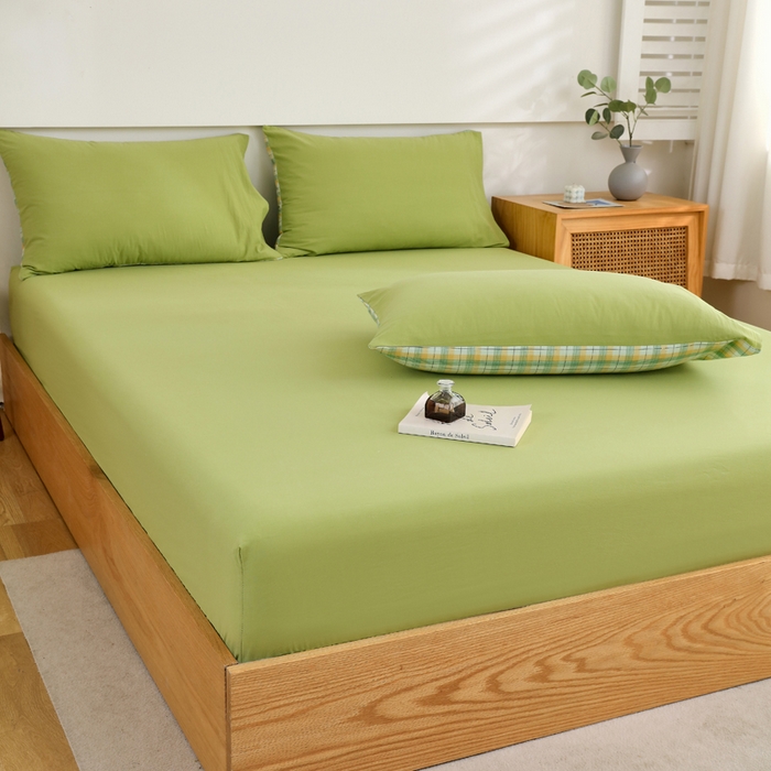 91家纺网 家纺一手货源 找家纺 春皖家纺 2026新款色织AB版水洗棉三件套四件套单品系列（单床笠-B版风格一） 素雅果绿