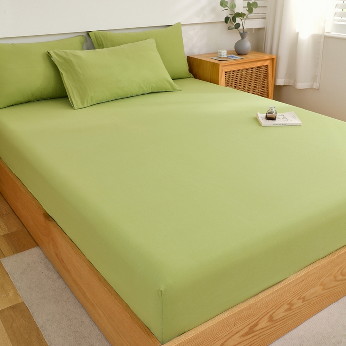 91家纺网 家纺一手货源 找家纺 春皖家纺 2026新款色织AB版水洗棉三件套四件套单品系列（单床笠-B版风格一） 素雅果绿