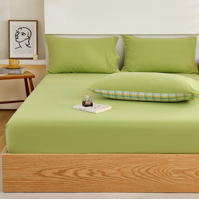 91家纺网 家纺一手货源 找家纺 春皖家纺 2026新款色织AB版水洗棉三件套四件套单品系列（单床笠-B版风格一） 素雅果绿