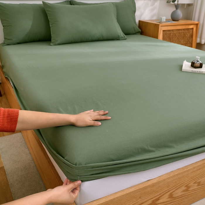 91家纺网 家纺一手货源 找家纺 春皖家纺 2026新款色织AB版水洗棉三件套四件套单品系列（单床笠-B版风格一） 素雅军绿