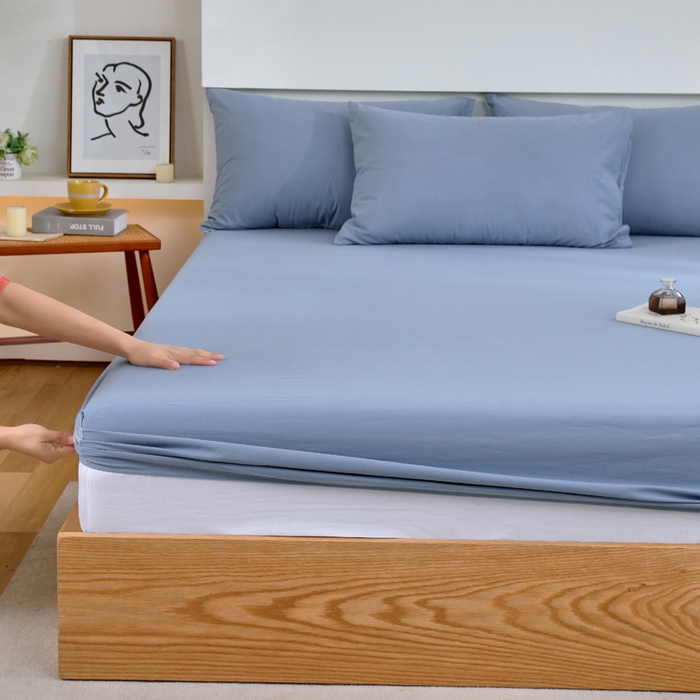 91家纺网 家纺一手货源 找家纺 春皖家纺 2026新款色织AB版水洗棉三件套四件套单品系列（单床笠-B版风格一） 素雅幻蓝