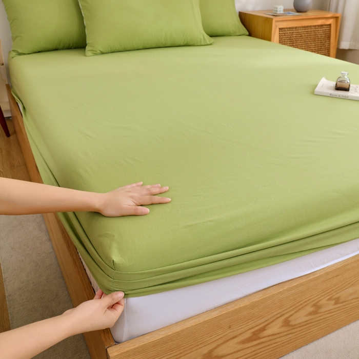 91家纺网 家纺一手货源 找家纺 春皖家纺 2026新款色织AB版水洗棉三件套四件套单品系列（单床笠-B版风格一） 素雅果绿