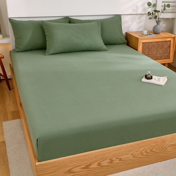 91家纺网 家纺一手货源 找家纺 春皖家纺 2026新款色织AB版水洗棉三件套四件套单品系列（单床笠-B版风格一） 素雅军绿