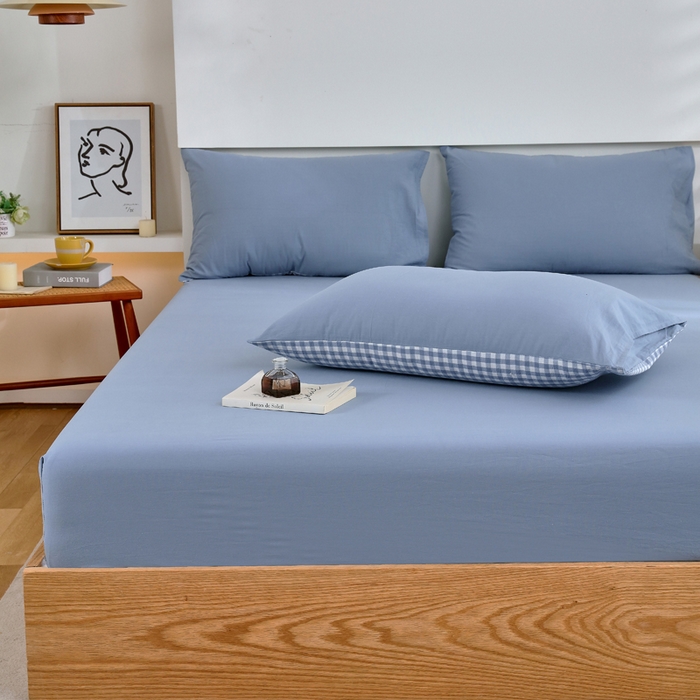 91家纺网 家纺一手货源 找家纺 春皖家纺 2026新款色织AB版水洗棉三件套四件套单品系列（单床笠-B版风格一） 素雅幻蓝