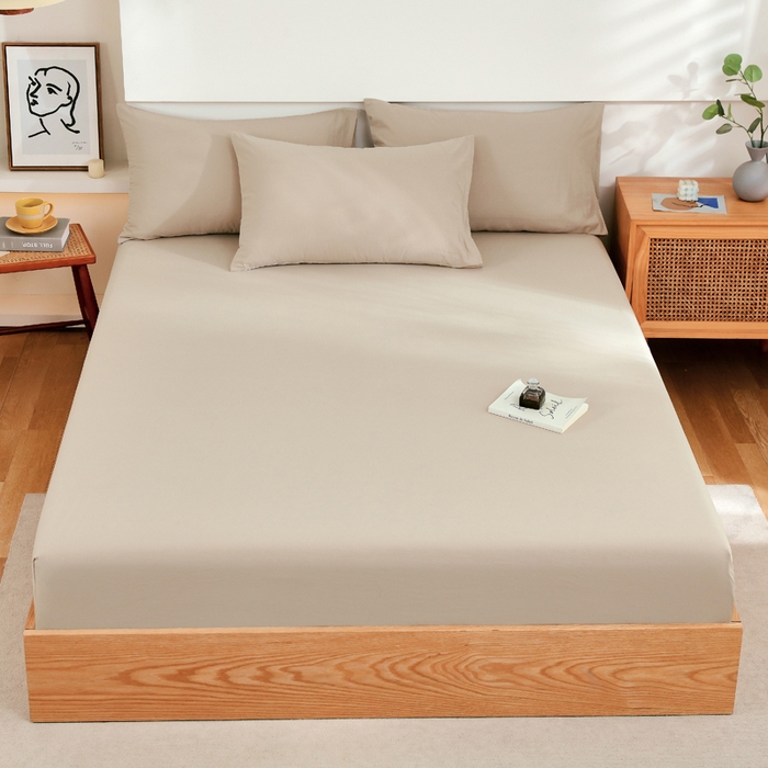 春皖家纺 2026新款色织AB版水洗棉三件套四件套单品系列（单床笠-B版风格一） 素雅卡其