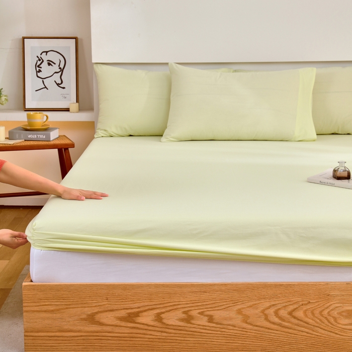 91家纺网 家纺一手货源 找家纺 春皖家纺 2026新款色织AB版水洗棉三件套四件套单品系列（单床笠-B版风格一） 素雅淡黄