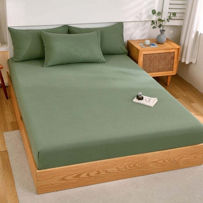 91家纺网 家纺一手货源 找家纺 春皖家纺 2026新款色织AB版水洗棉三件套四件套单品系列（单床笠-B版风格一） 素雅军绿