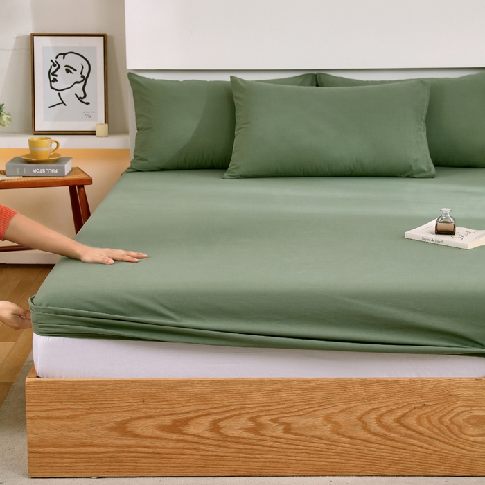 91家纺网 家纺一手货源 找家纺 春皖家纺 2026新款色织AB版水洗棉三件套四件套单品系列（单床笠-B版风格一） 素雅军绿