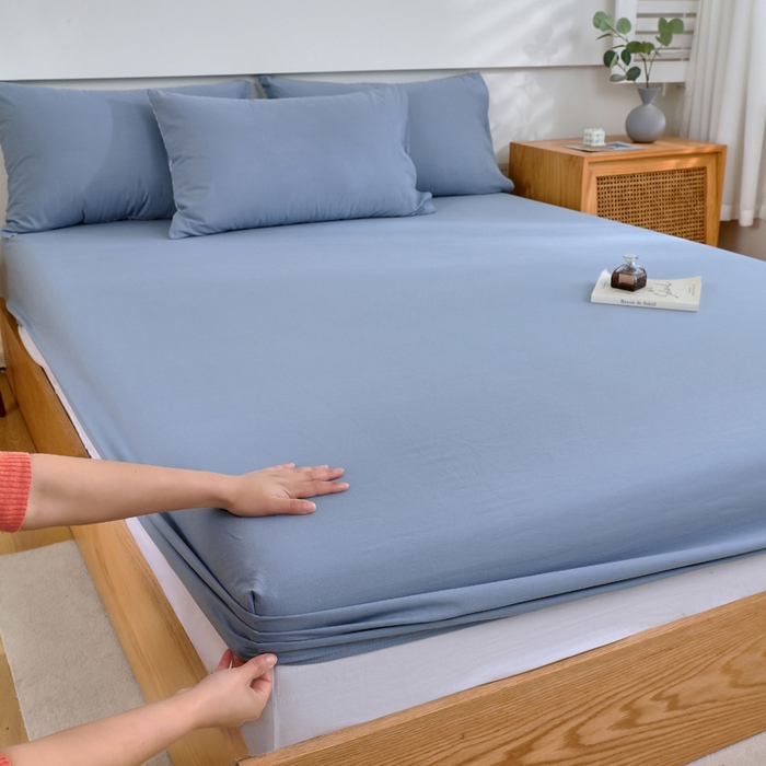 91家纺网 家纺一手货源 找家纺 春皖家纺 2026新款色织AB版水洗棉三件套四件套单品系列（单床笠-B版风格一） 素雅幻蓝