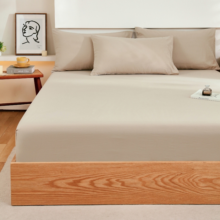 91家纺网 家纺一手货源 找家纺 春皖家纺 2026新款色织AB版水洗棉三件套四件套单品系列（单床笠-B版风格一） 素雅卡其