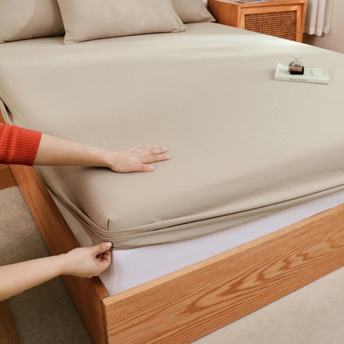 91家纺网 家纺一手货源 找家纺 春皖家纺 2026新款色织AB版水洗棉三件套四件套单品系列（单床笠-B版风格一） 素雅卡其