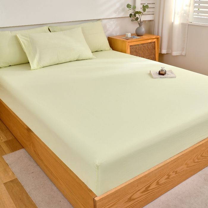 91家纺网 家纺一手货源 找家纺 春皖家纺 2026新款色织AB版水洗棉三件套四件套单品系列（单床笠-B版风格一） 素雅淡黄