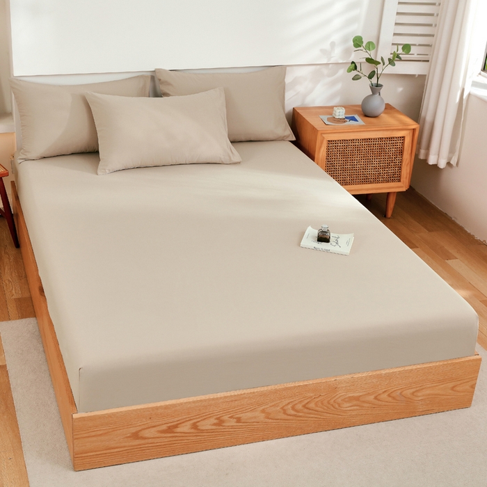 91家纺网 家纺一手货源 找家纺 春皖家纺 2026新款色织AB版水洗棉三件套四件套单品系列（单床笠-B版风格一） 素雅卡其