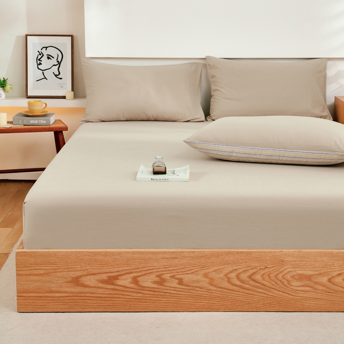 91家纺网 家纺一手货源 找家纺 春皖家纺 2026新款色织AB版水洗棉三件套四件套单品系列（单床笠-B版风格一） 素雅卡其