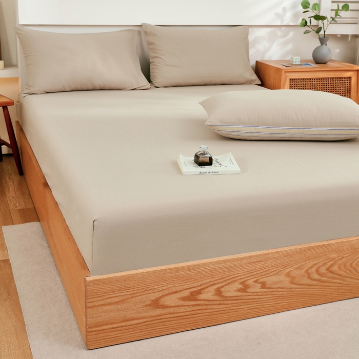 91家纺网 家纺一手货源 找家纺 春皖家纺 2026新款色织AB版水洗棉三件套四件套单品系列（单床笠-B版风格一） 素雅卡其