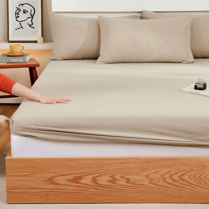 91家纺网 家纺一手货源 找家纺 春皖家纺 2026新款色织AB版水洗棉三件套四件套单品系列（单床笠-B版风格一） 素雅卡其