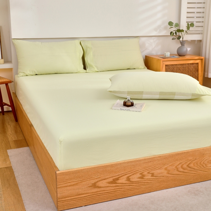 91家纺网 家纺一手货源 找家纺 春皖家纺 2026新款色织AB版水洗棉三件套四件套单品系列（单床笠-B版风格一） 素雅淡黄