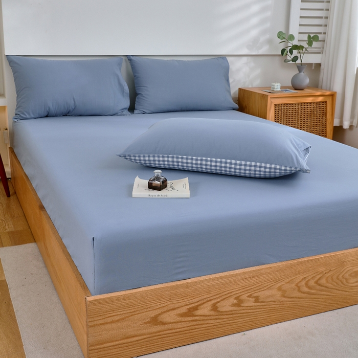 91家纺网 家纺一手货源 找家纺 春皖家纺 2026新款色织AB版水洗棉三件套四件套单品系列（单床笠-B版风格一） 素雅幻蓝