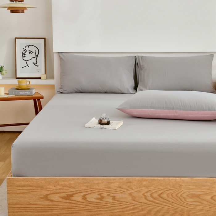 91家纺网 家纺一手货源 找家纺 春皖家纺 2026新款色织AB版水洗棉三件套四件套单品系列（单床笠-B版风格一） 素雅浅灰