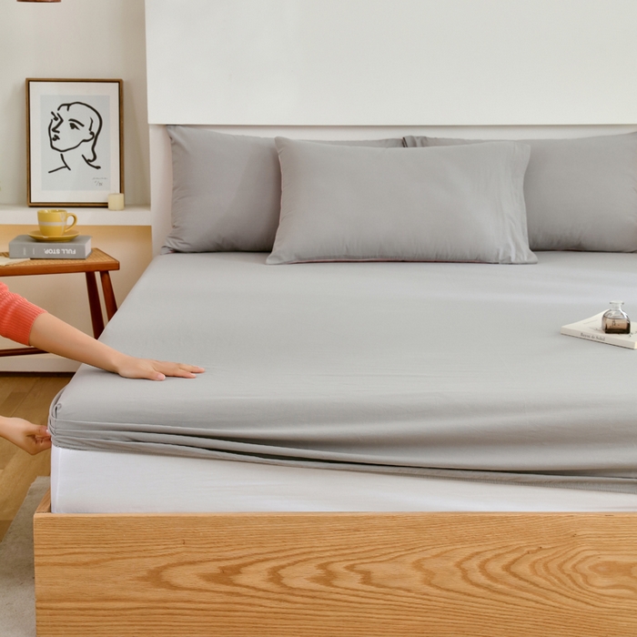 91家纺网 家纺一手货源 找家纺 春皖家纺 2026新款色织AB版水洗棉三件套四件套单品系列（单床笠-B版风格一） 素雅浅灰