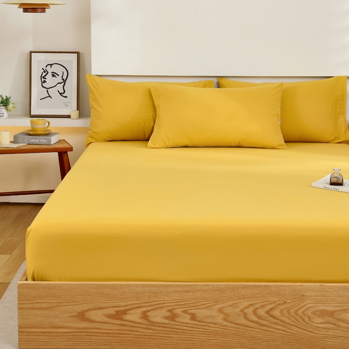 91家纺网 家纺一手货源 找家纺 春皖家纺 2026新款色织AB版水洗棉三件套四件套单品系列（单床笠-B版风格一） 素雅深黄