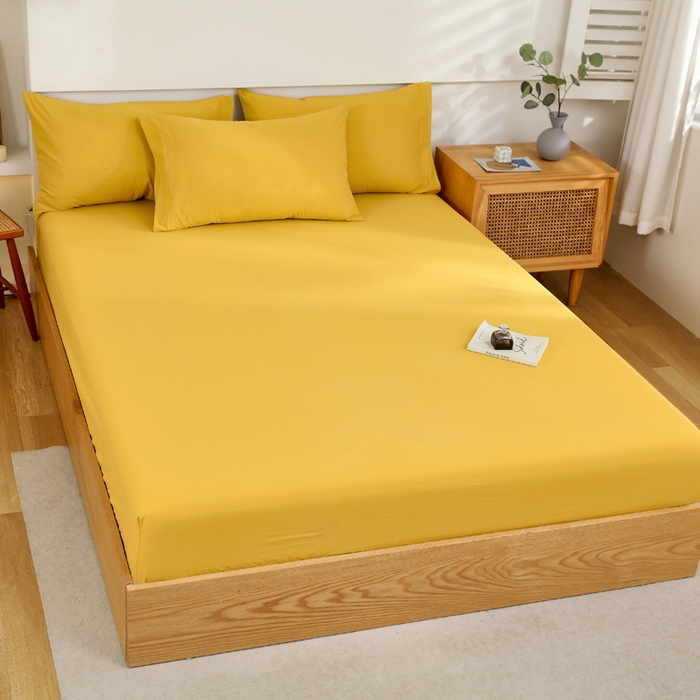 91家纺网 家纺一手货源 找家纺 春皖家纺 2026新款色织AB版水洗棉三件套四件套单品系列（单床笠-B版风格一） 素雅深黄