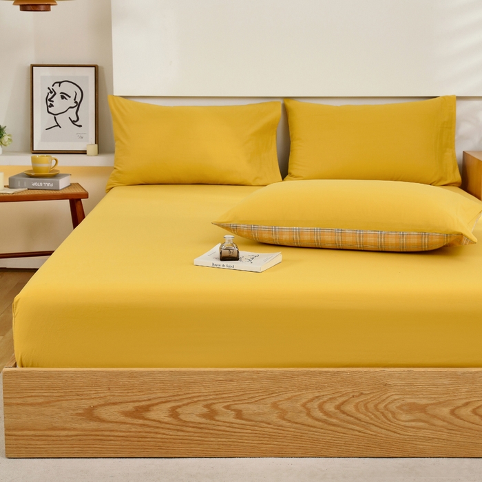 91家纺网 家纺一手货源 找家纺 春皖家纺 2026新款色织AB版水洗棉三件套四件套单品系列（单床笠-B版风格一） 素雅深黄