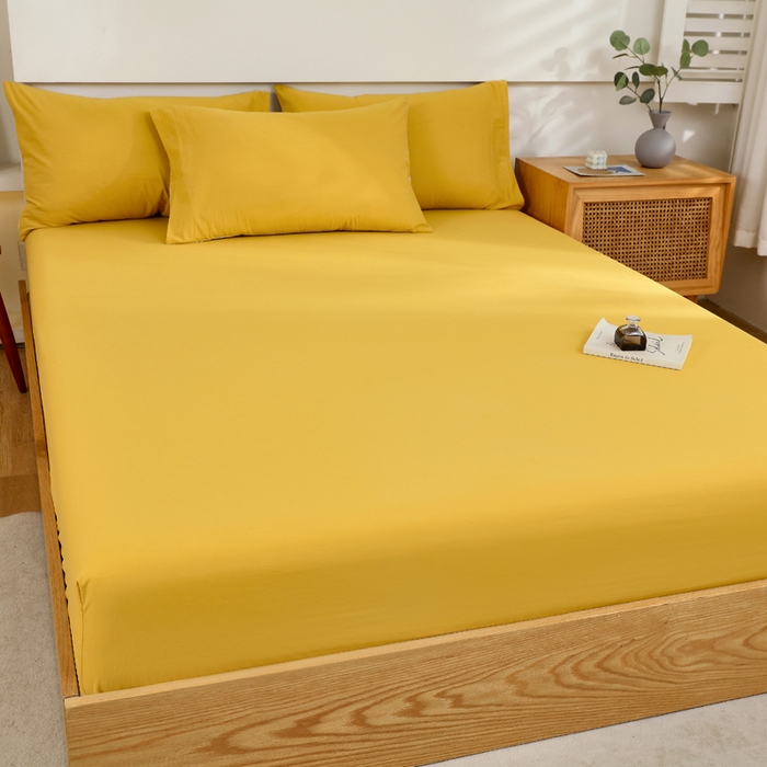 91家纺网 家纺一手货源 找家纺 春皖家纺 2026新款色织AB版水洗棉三件套四件套单品系列（单床笠-B版风格一） 素雅深黄