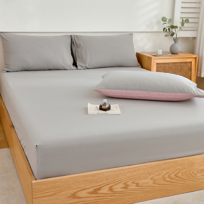 91家纺网 家纺一手货源 找家纺 春皖家纺 2026新款色织AB版水洗棉三件套四件套单品系列（单床笠-B版风格一） 素雅浅灰