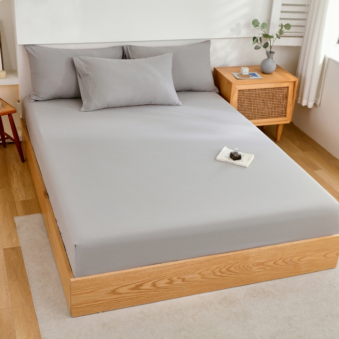 91家纺网 家纺一手货源 找家纺 春皖家纺 2026新款色织AB版水洗棉三件套四件套单品系列（单床笠-B版风格一） 素雅浅灰