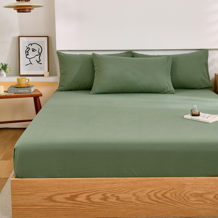 91家纺网 家纺一手货源 找家纺 春皖家纺 2026新款色织AB版水洗棉三件套四件套单品系列（单床笠-B版风格一） 素雅军绿