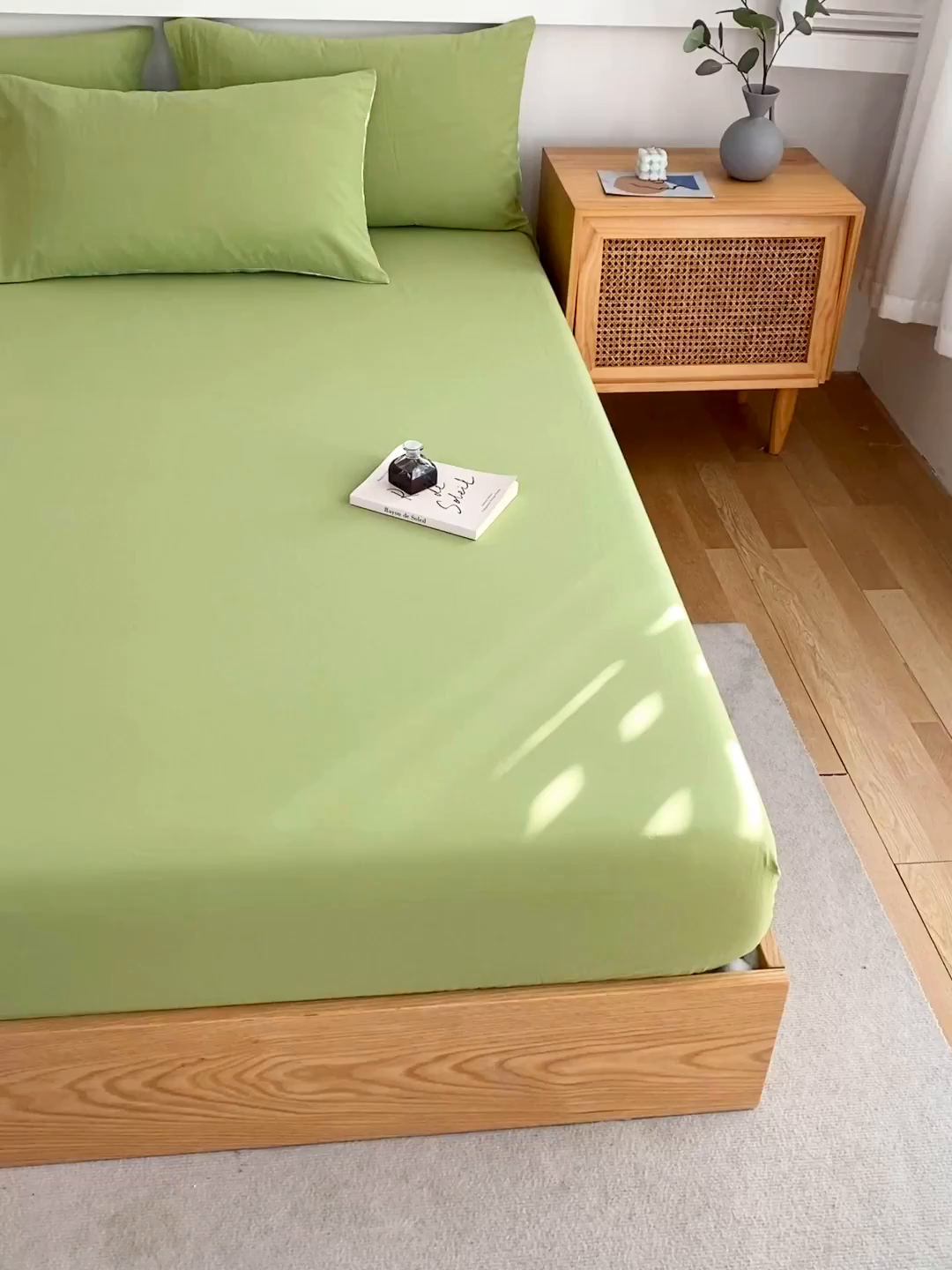 91家纺网 家纺一手货源 找家纺 春皖家纺 2026新款色织AB版水洗棉三件套四件套单品系列（单床笠-B版风格一） 素雅果绿