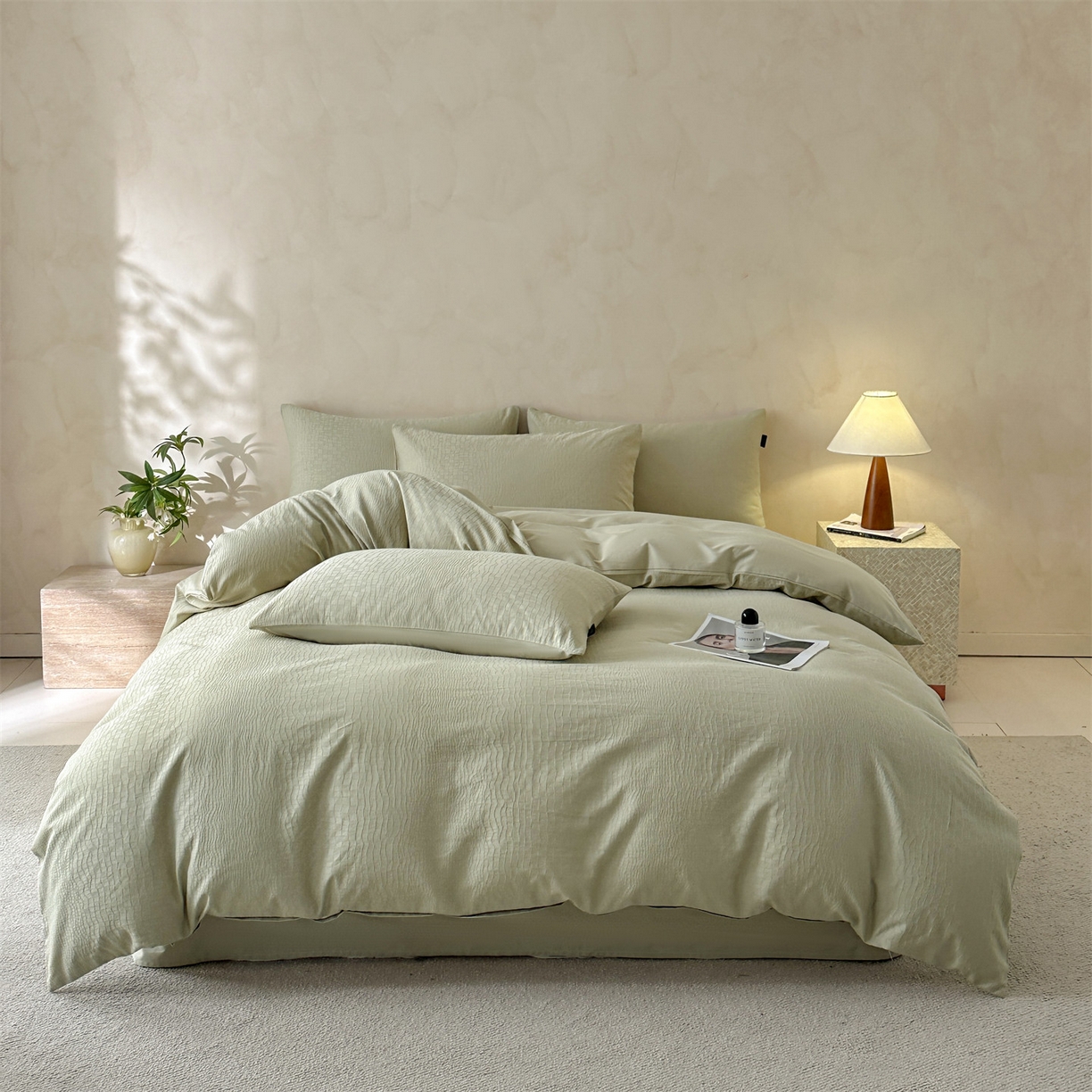 91家纺网 家纺一手货源 找家纺 恒爱家纺 2026春夏新款全棉纯棉提花四件套 鳄鱼纹-绿