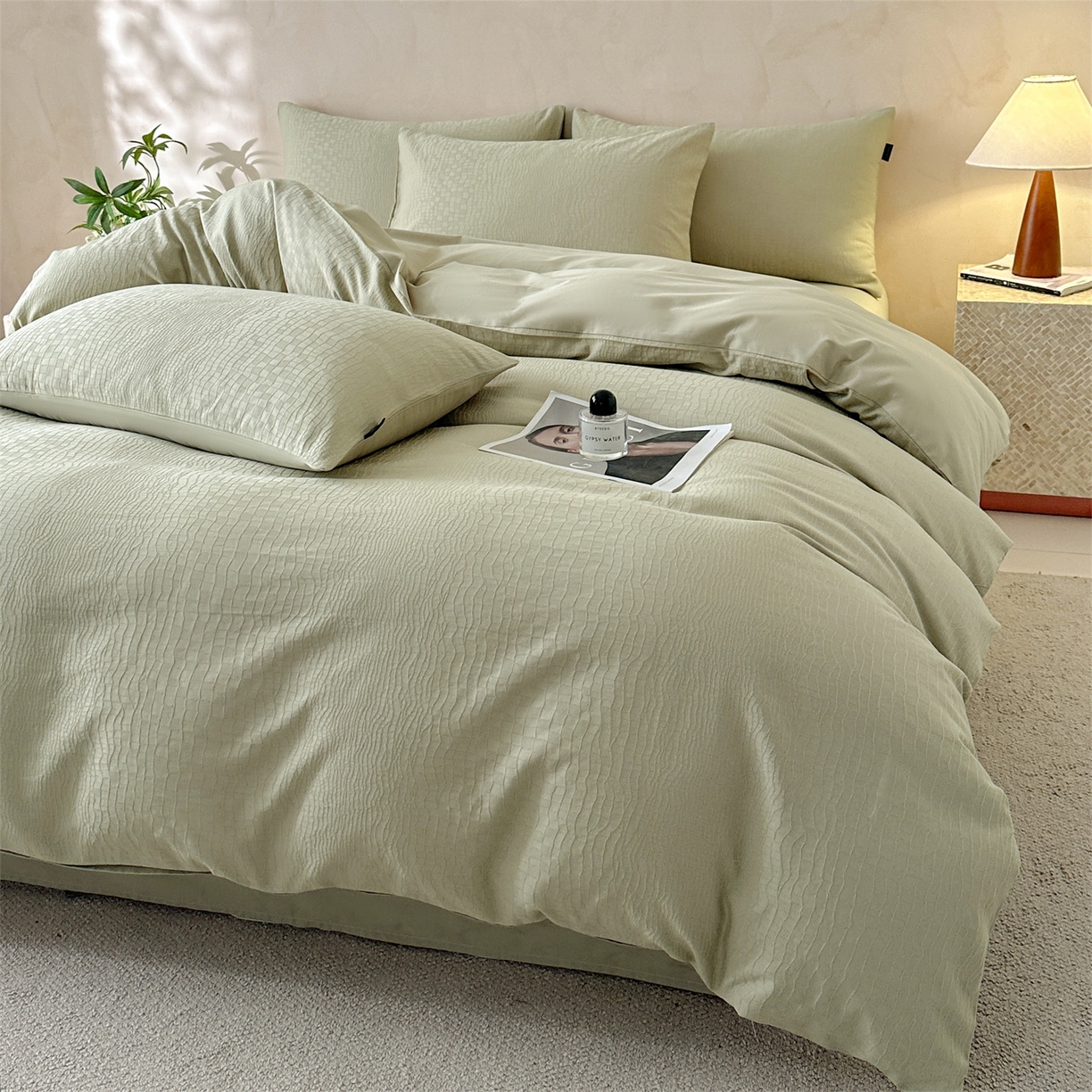 91家纺网 家纺一手货源 找家纺 恒爱家纺 2026春夏新款全棉纯棉提花四件套 鳄鱼纹-绿