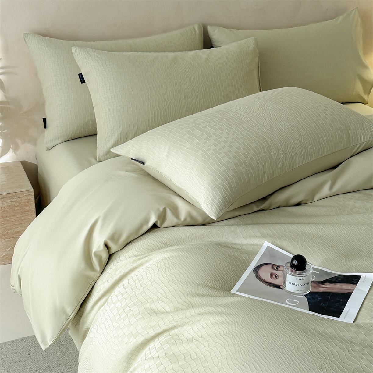 91家纺网 家纺一手货源 找家纺 恒爱家纺 2026春夏新款全棉纯棉提花四件套 鳄鱼纹-绿