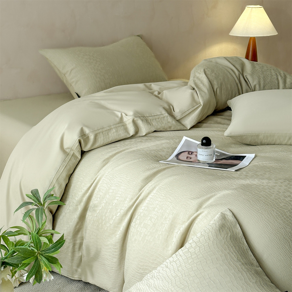 91家纺网 家纺一手货源 找家纺 恒爱家纺 2026春夏新款全棉纯棉提花四件套 鳄鱼纹-绿