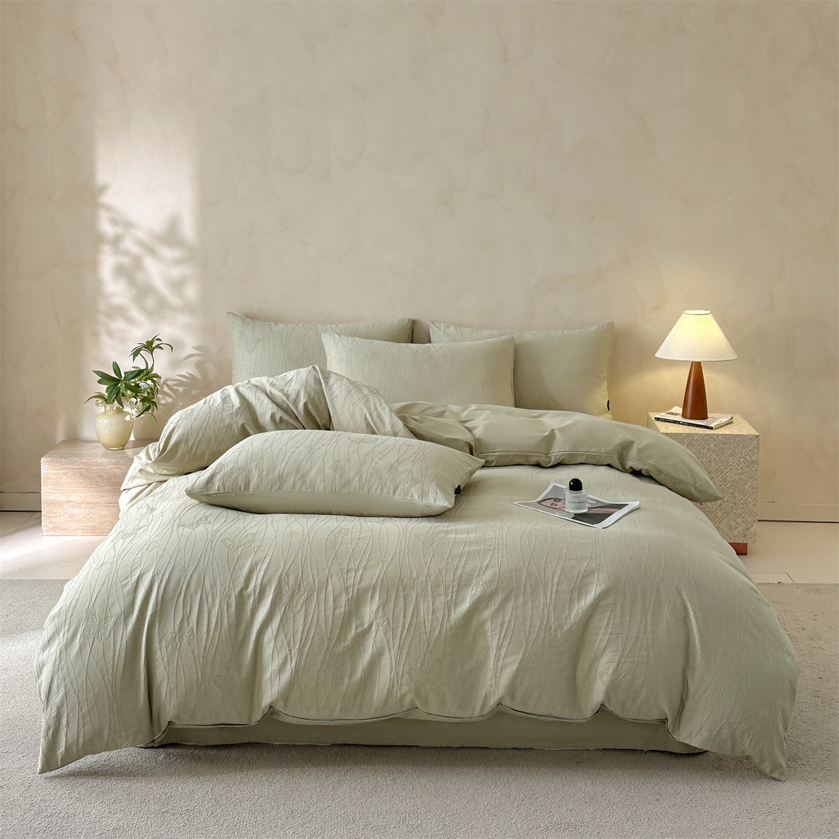 91家纺网 家纺一手货源 找家纺 恒爱家纺 2026春夏新款全棉纯棉提花四件套 千丝蝴蝶-绿