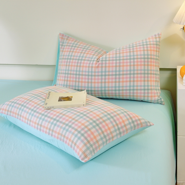 91家纺网 家纺一手货源 找家纺 春皖家纺 2026新款色织AB版水洗棉三件套四件套单品系列（单枕套风格一） 翠竹-绿格