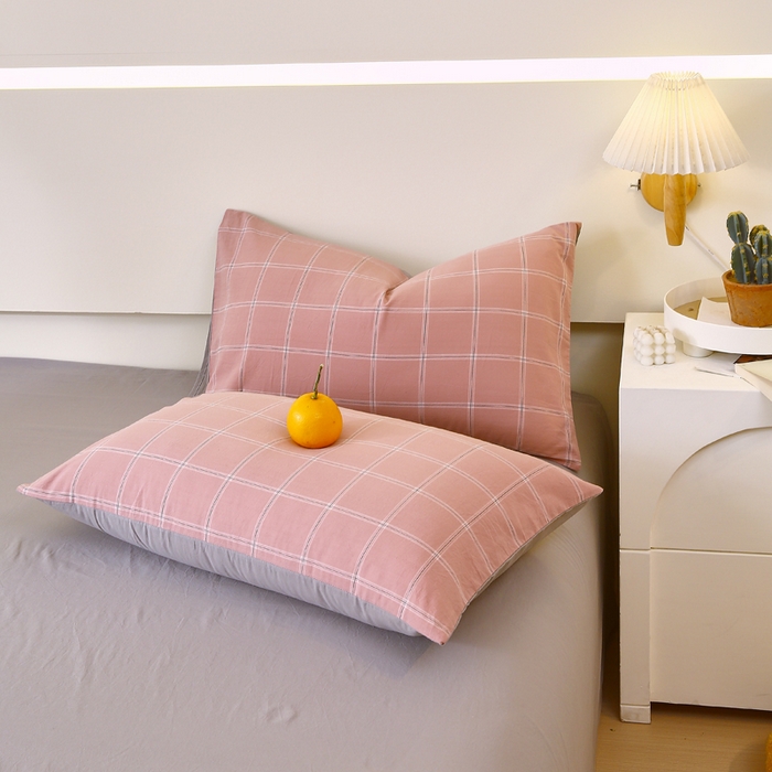 91家纺网 家纺一手货源 找家纺 春皖家纺 2026新款色织AB版水洗棉三件套四件套单品系列（单枕套风格一） 素雅-韵粉