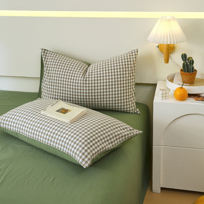 91家纺网 家纺一手货源 找家纺 春皖家纺 2026新款色织AB版水洗棉三件套四件套单品系列（单枕套风格一） 素雅-绿格