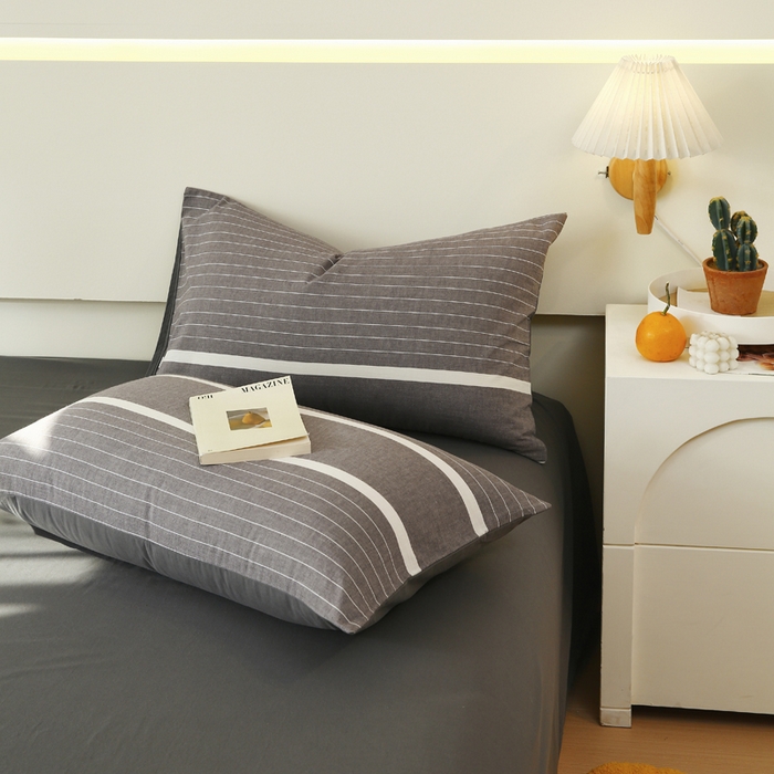 春皖家纺 2026新款色织AB版水洗棉三件套四件套单品系列（单枕套风格一） 素雅-灰条
