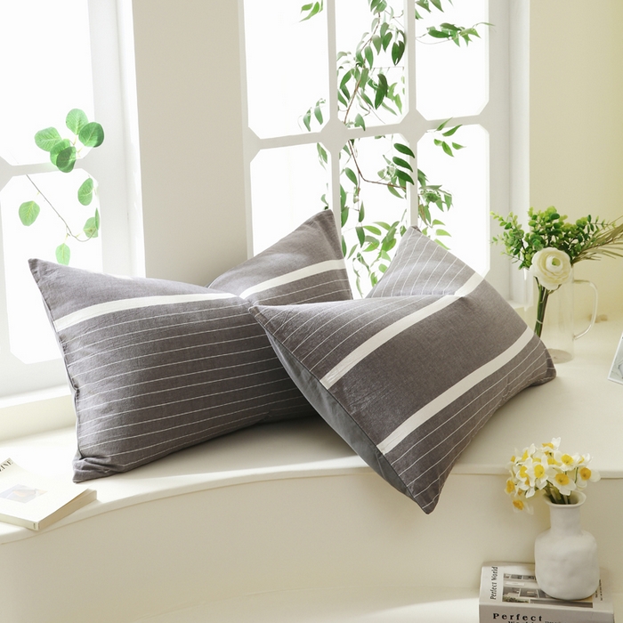 91家纺网 家纺一手货源 找家纺 春皖家纺 2026新款色织AB版水洗棉三件套四件套单品系列（单枕套风格一） 素雅-灰条