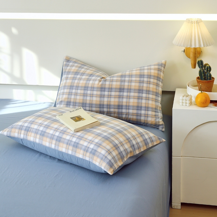 91家纺网 家纺一手货源 找家纺 春皖家纺 2026新款色织AB版水洗棉三件套四件套单品系列（单枕套风格一） 翠竹-蓝格