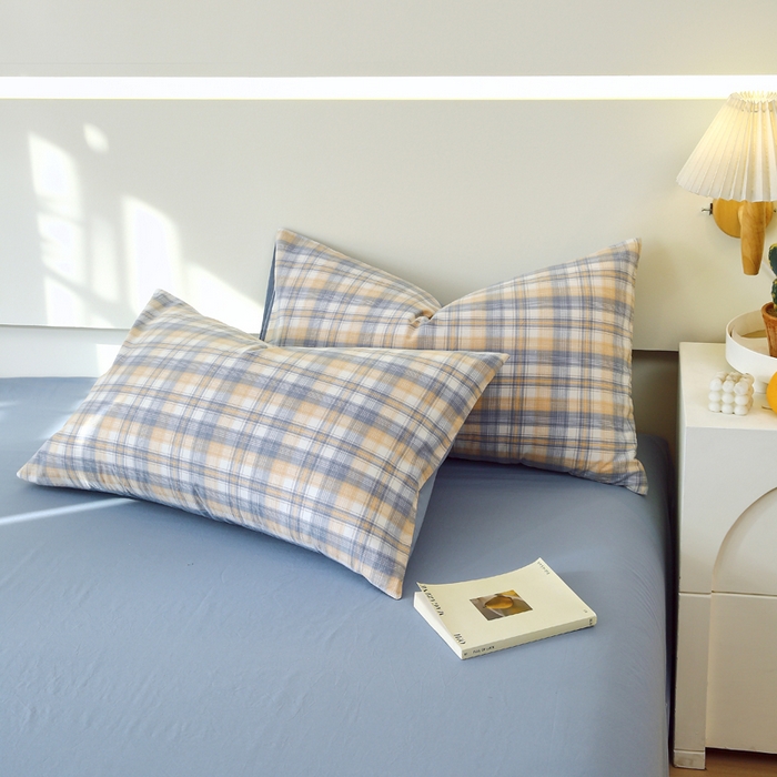 91家纺网 家纺一手货源 找家纺 春皖家纺 2026新款色织AB版水洗棉三件套四件套单品系列（单枕套风格一） 翠竹-蓝格